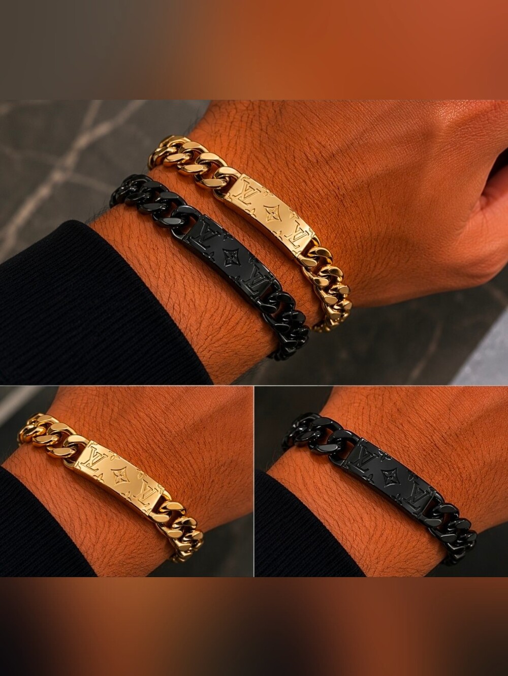 Gold and Black Cuban Chain Bracelets with Monogram Plaques